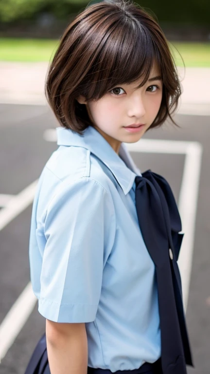 Japanese junior high school girls、Boyish ultra-short hair、Dark brown hair color、I'Badly sunburned、masterpiece、High resolution、high quality、realism、Natural skin texture、Messy hairstyle、Black leather collar、Full body angle、hemp rope bondage