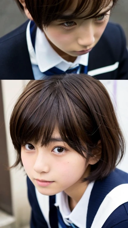 Japanese junior high school girls、Boyish ultra-short hair、Dark brown hair color、I'Badly sunburned、masterpiece、High resolution、high quality、realism、Natural skin texture、Messy hairstyle、Black leather collar、Full body angle、hemp rope bondage
