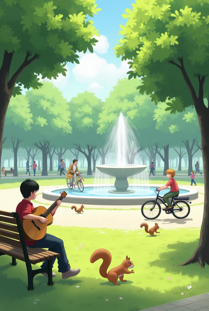 Create an image of a tranquil park scene with a person playing guitar seated on a bench, another person riding a bicycle in the background, and squirrels on the ground nearby. Include elements such as trees, a fountain, and people walking in the distance to capture the essence of a peaceful outdoor setting. no animete