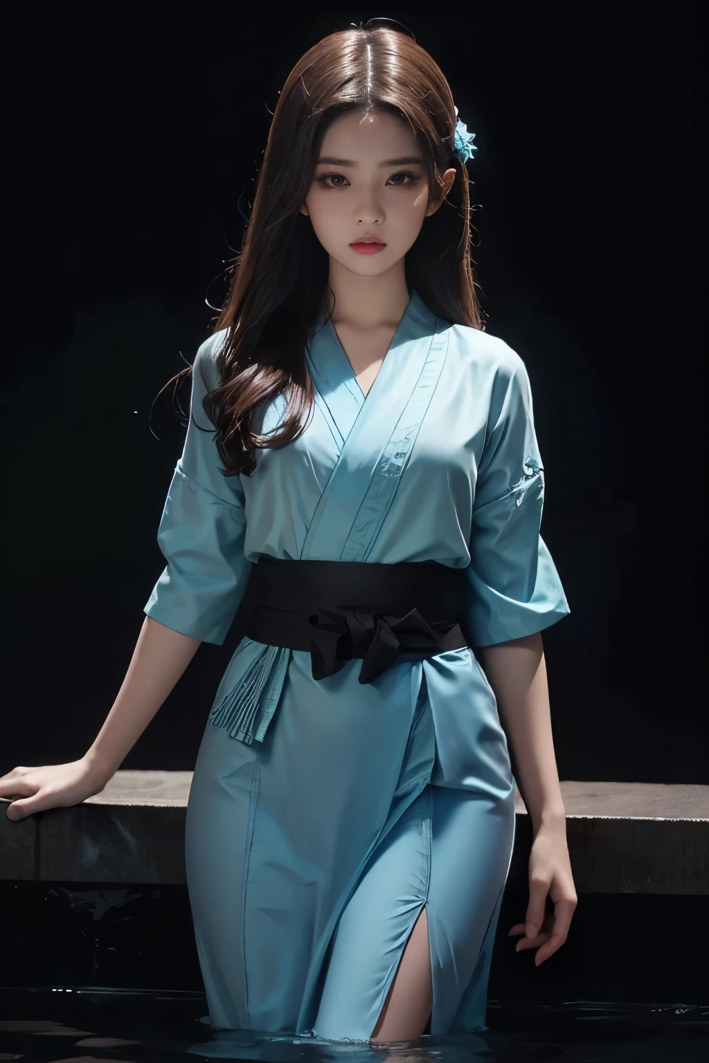 ((Best quality, 32K, Masterpiece :1.3)), Sharp focus:1.2 , Photorealsitic,(Cinematic lighting),Facial detail texture. Eye details, Double eyelids, Slender body,Super small breasts, , photo-realistic:1.37,Perfect eyes, ((1 girl in a pale blue yukata)),(white sash),(Thick fabric),((Ragged linen)),With a figure,brunette color hair,Long hair draped loosely,Qi bangs,Stand in a cold pool,short- sleeved,Exposing thighs,Full body like,Clothing covers the whole body,folds,((solid color backdrop)),is shy,Be red in the face,