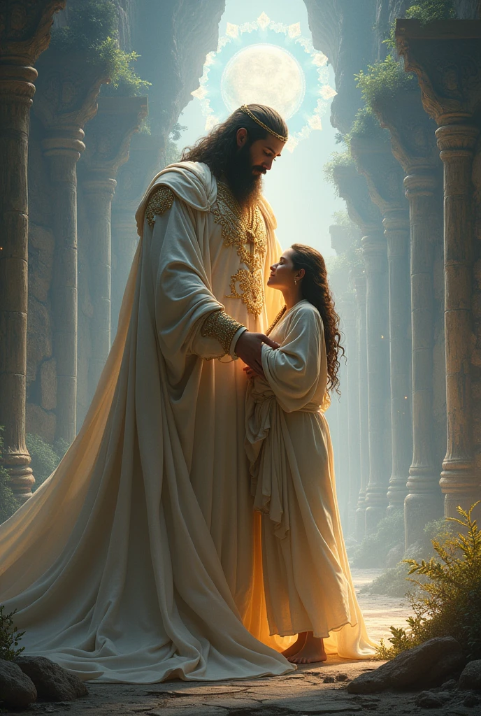 Help me create 7 images different from each other about a male god caring or protecting a prophet