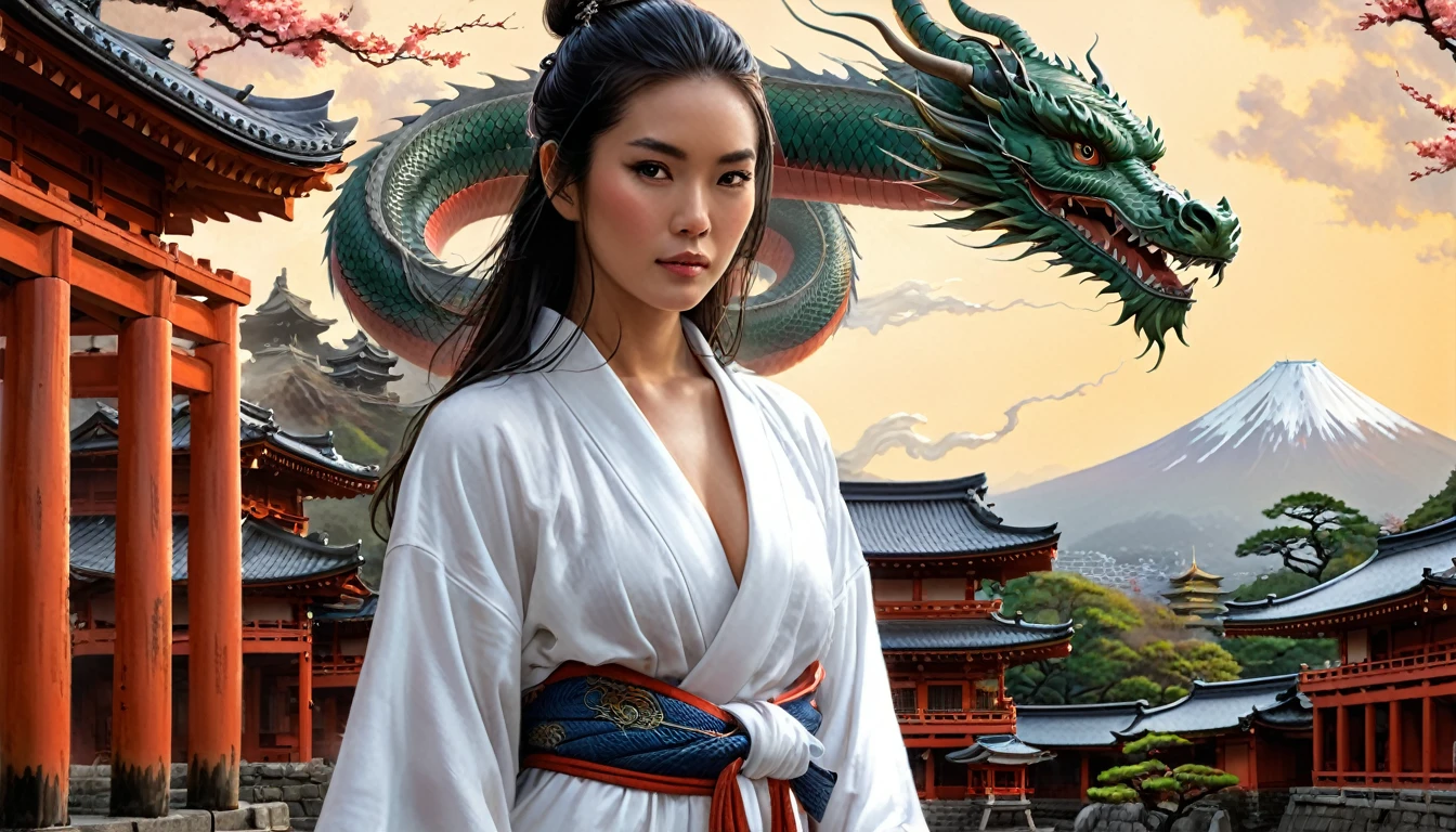 Painting of a woman in a white robe with a dragon on her side, in the background ancient city of japan