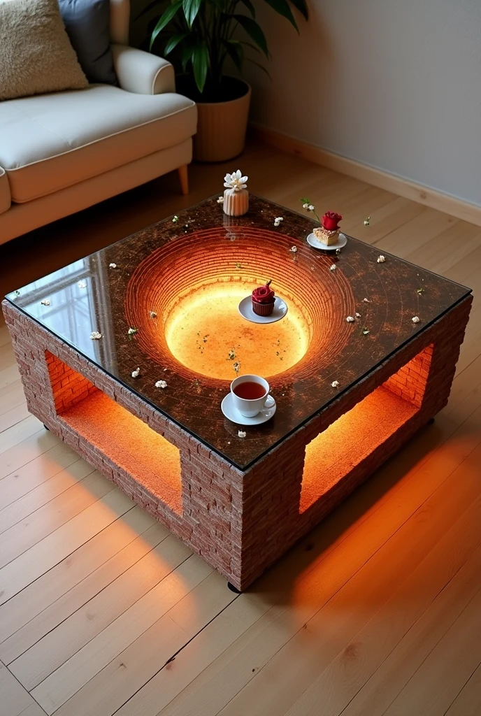 Small square coffee table handcrafted, featuring a two-way mirrored glass top that reflects a visual effect of a stunning tunnel-like interior, endlessly deep, lit from the inside by reddish orange LED lighting - combining the heat of orange. The sides are covered with brick wallpaper that simulates the look of 3D textured wallpaper.. The table is decorated with simple decorations such as small flowers, a cake and accessories containing a red rose and a cup of tea. . The table is placed on a light-colored wooden floor.. The table design combines simplicity and elegance with a touch of modernity, making it a distinctive piece of art in any room or living room.