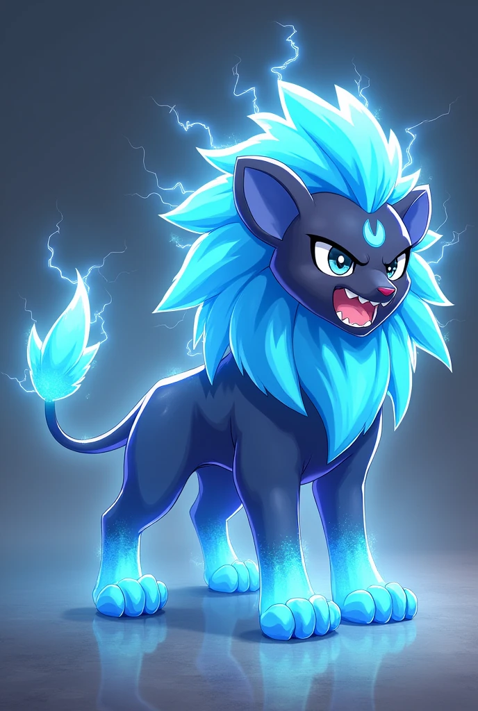 A teenage lion in the style of Pokemon with an angry face and covered in electric rays with its small electrified mane and a small lightning bolt at the tip of its tail, completely blue in color with a crown of shells over its electrified mane with several rays coming out.