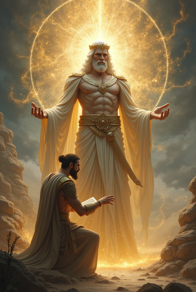 Help me create 7 images different from each other about a male god caring or protecting a prophet 