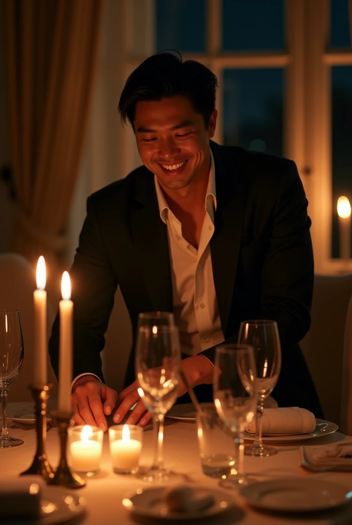 photorealistic, best quality, masterpiece, extremely detailed, masculine, y, homxtremely handsome, 30 year old japanese man, muscular build, big smile, stylish smart attire, setting the table, candlelit dinner, in dining room, at midnight, cinematic shadows, extremely romantic atmosphere, perfect face, perfect fingers, perfect hands, perfection