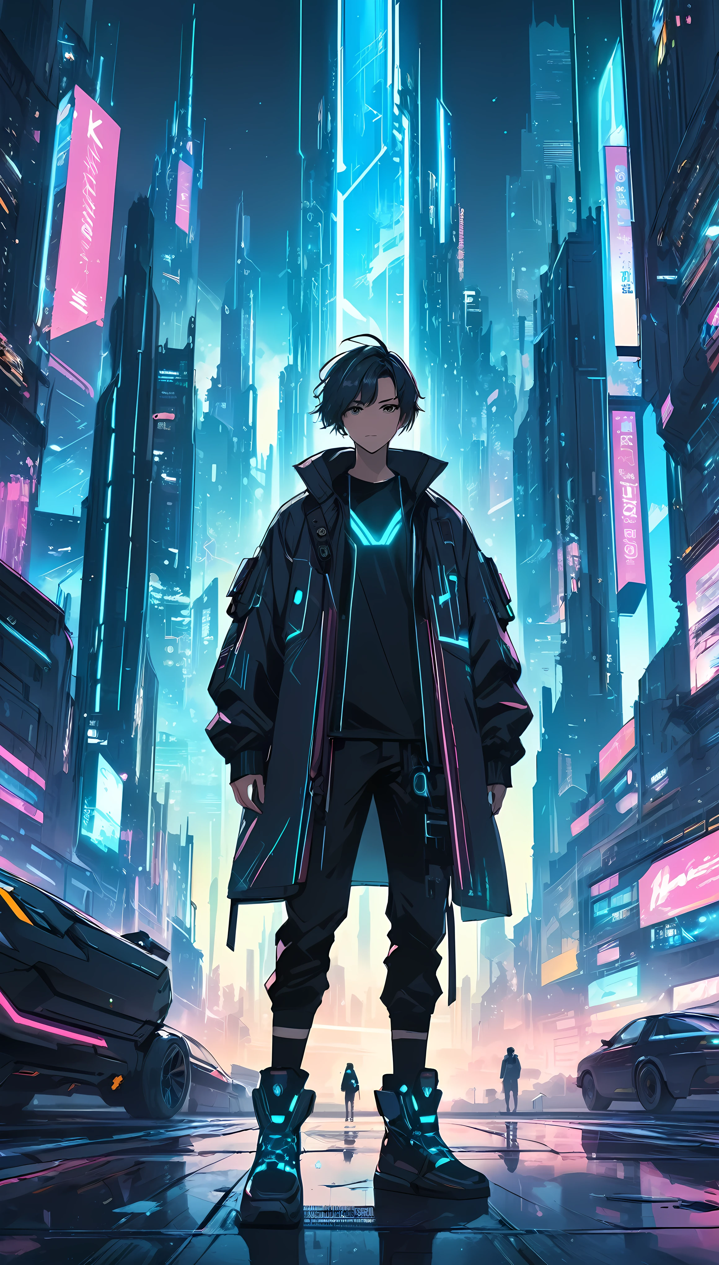 anime - style image of a man standing in front of a futuristic city, digital cyberpunk anime art, amazing wallpaper, anime art wallpaper 8 k, digital cyberpunk - anime art, makoto shinkai cyril rolando, anime style 4 k, 4k anime wallpaper, full portrait of electromancer, anime wallpaper 4k, anime wallpaper 4 k