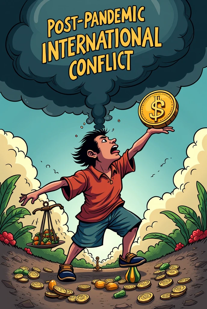 Imagine a cartoon in which a character, representing a Colombian consumer, is struggling to sustain a food scale that is overflowing with inflated price tags. On the other hand, He holds a giant coin that is getting smaller as the Colombian peso devalues.. about him, a dark cloud looms over the words "Post-Pandemic Inflation" and "International Conflict".