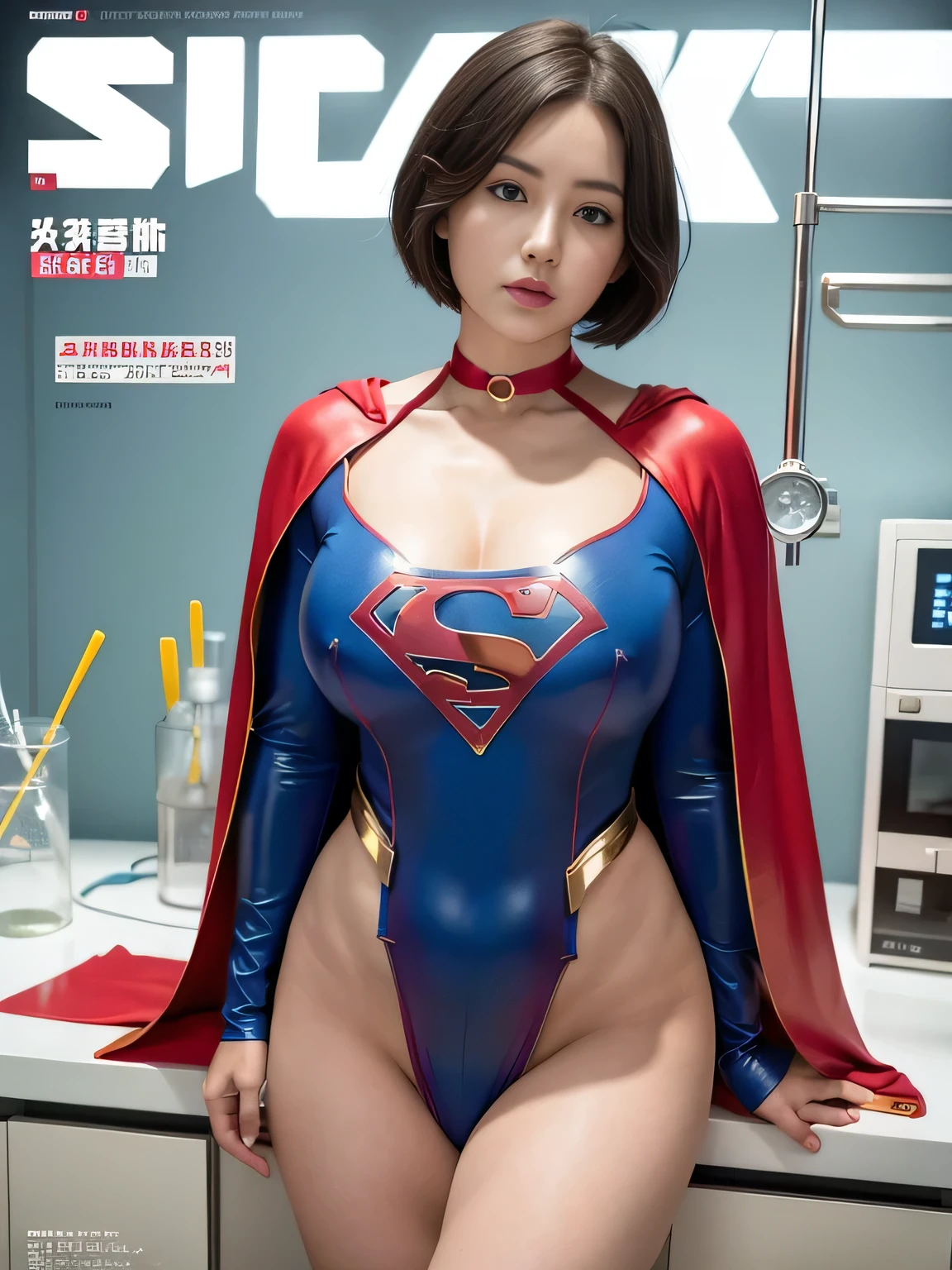 masterpiece、Rubber Supergirl Costume、short hair、barefoot、Big and ample breasts、looking at the camera、choker、Long sleeve、Cape、mini skirt、Off the shoulder、Sweaty skin、In front of the laboratory equipment in the hospital room、Photo magazine cover、Glamorous cleavage、Boasting beautiful legs、High leg leotard、Bare legs、Beautiful Model、