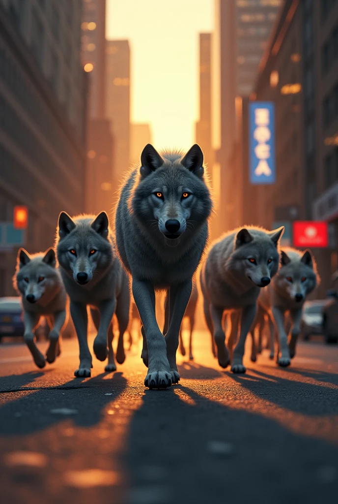 Pack in the city on a peripheral street, with alpha wolf leading, twilight wolves style 