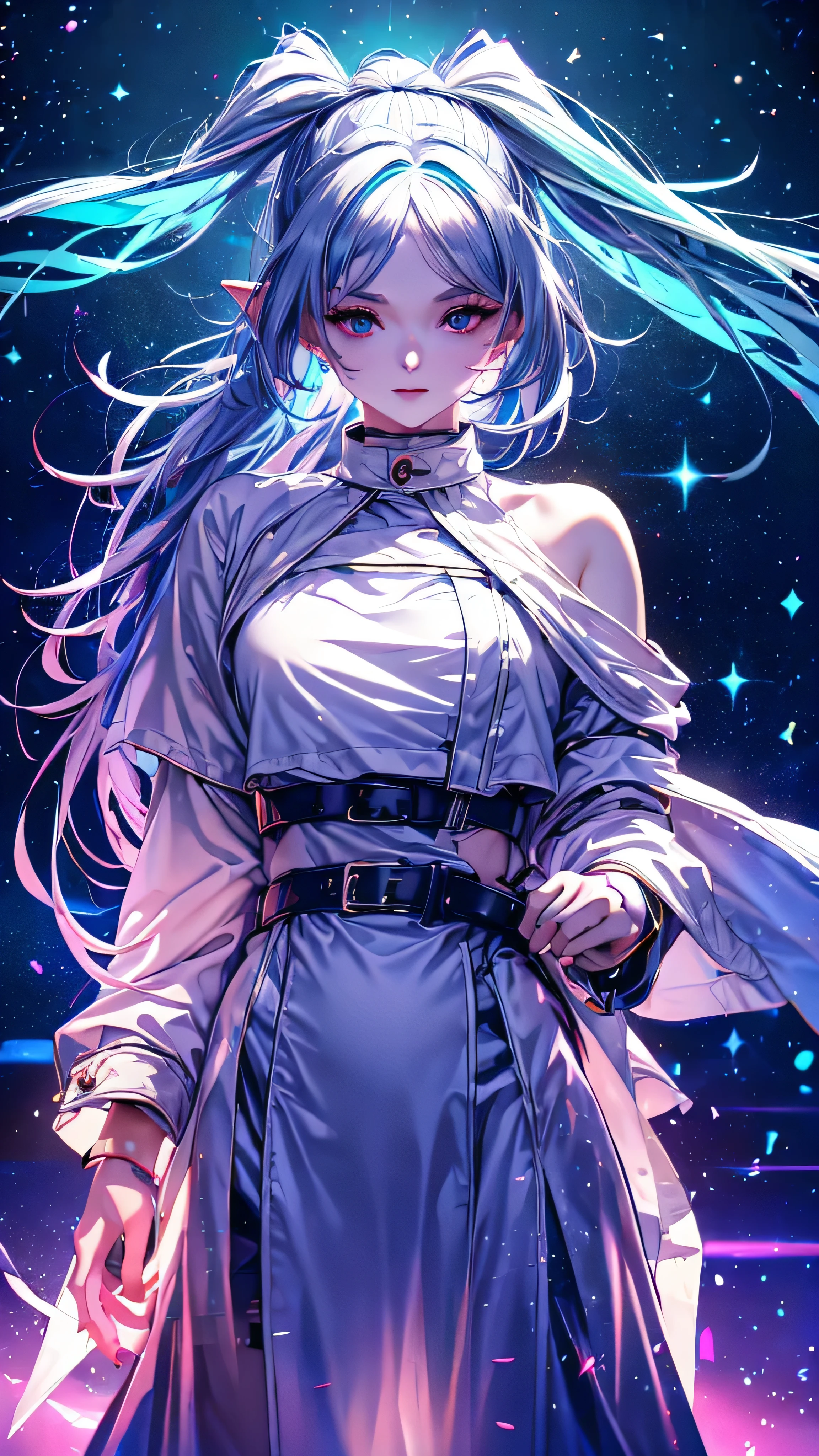 1 person, 20-year-old girl, One person, (Silver Hair), Long pointed ears、Elf、(Gradient sky blue hair tip:1.6), hair, Ridiculously long hair, Single Side Lock, Wavy Hair, Shine髪, Floating Hair, (Fantastic deep purple eyes), Delicate eyes, Aqua Eye, Very fine eye, Long upper eyelashes, ((Glowing Eyes)), compensate, Focus on the face, Highly detailed facial, Pretty face, Perfect breasts, Hot body, (Delicate skin texture:1.2), break, White extra long skirt, Fashion Clothing, necklace, Technical clothing masterpiece, on the road, Gazing at the starry sky, meteor, cyber punk, Detailed Background, The perfect layered cut, clean focus, (magazine:1.3), (Cover Style:1.3), Octane Rendering, Tyndall effect, Real, Dark studio, Side light, 2-color illumination, realism, Chiaroscuro, (Shine光), Shine, Ray Tracing, Cinema Lighting, Futurism, Motion Blur, Atmospheric perspective, Depth of written boundary, Bokeh, Highest quality, 超High resolution, Super Detail, masterpiece, High resolution, Accurate, retina, Anatomically correct