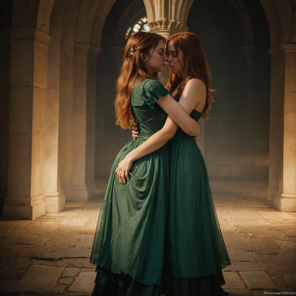 (Masterpiece, 8k, 16k, uhd, best quality, fantasy photography, epic imagination), 2girls from Norge (hugging, front to back:1.2) in a gothic cathedral, beautiful, tender, late at night, kissing, movie scene, cinematic lighting, emerald green dresses, very light pink dresses, blonde woman, redhead woman, tits, breasts