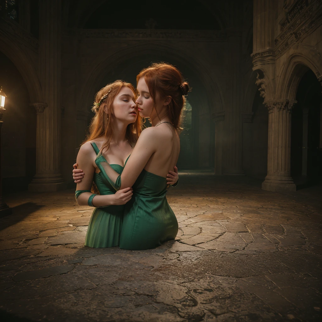 (Masterpiece, 8k, 16k, uhd, best quality, fantasy photography, epic imagination), 2girls from Norge (hugging, front to back:1.2) in a gothic cathedral, beautiful, tender, late at night, kissing, movie scene, cinematic lighting, emerald green dresses, very light pink dresses, blonde woman, redhead woman, tits, breasts