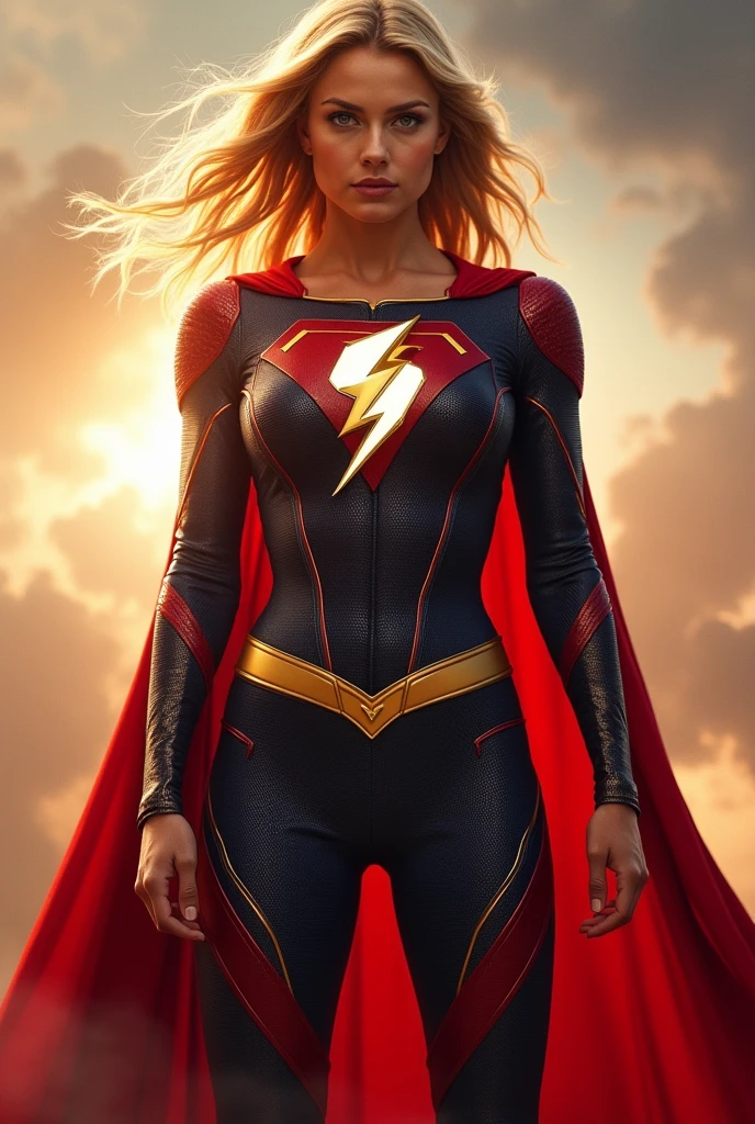 The daughter of Flash and Supergirl, adult, with a fused suit of both superheroes, and with a cape, blonde... With Flash and Supergirl suits fused together, and lightning bolt emblem






