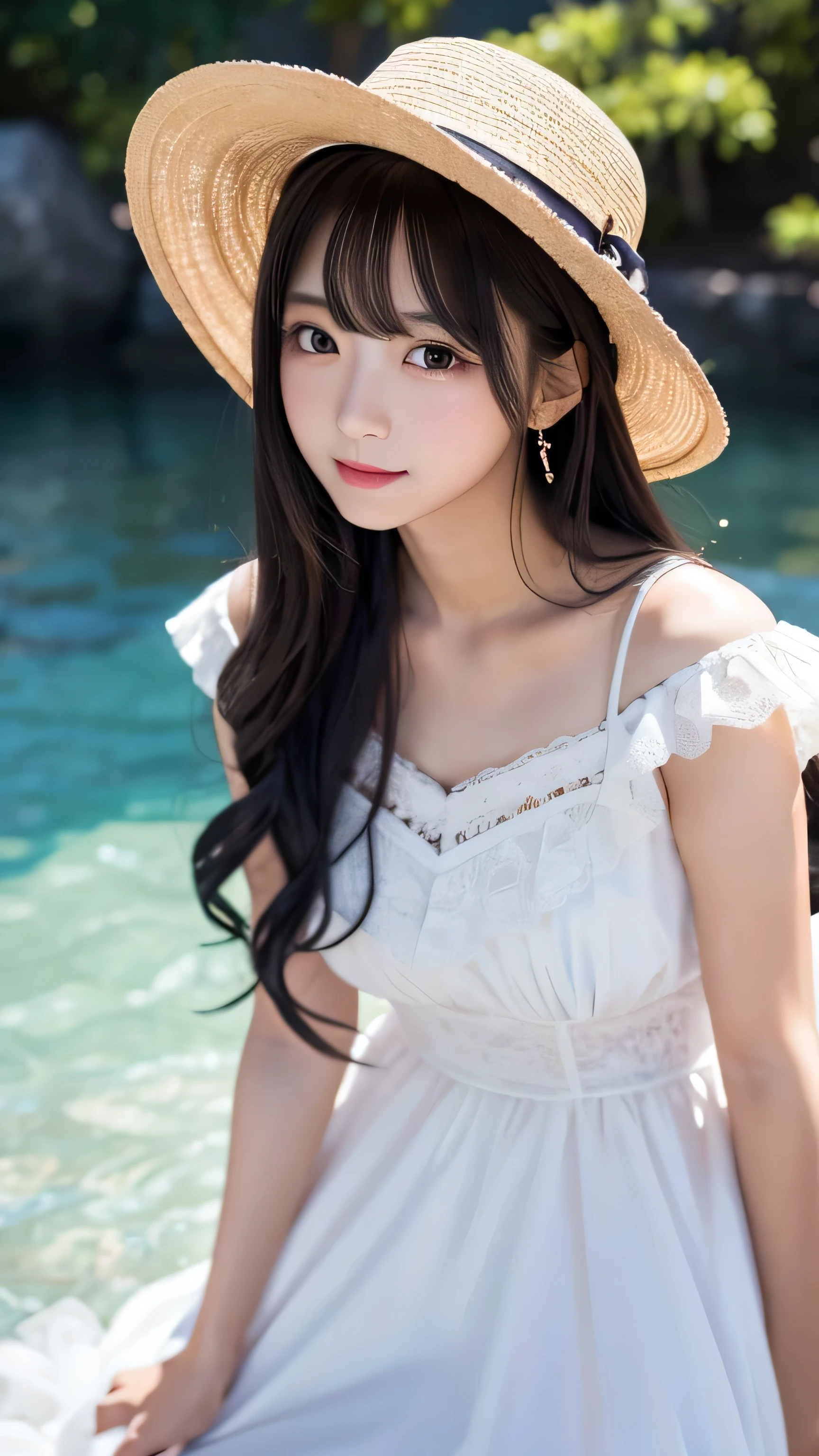 "Depict 'Hachishaku-sama,' the Eight Feet Tall spirit from Japanese folklore, transformed into the ultimate moe character while retaining her iconic features. Standing at an imposing 240cm, she embodies a mix of cuteness and eerie charm. She wears a frilly, white dress with lace accents, adding a playful, adorable touch to her towering figure. A large, white hat sits atop her head, slightly tilted, with her face partially obscured, but her large, sparkling eyes shine through with an innocent yet mysterious allure. Her long, black hair flows down her back in soft, fluffy waves, reminiscent of classic moe characters, adding to her endearing presence. Her expression is sweet and bashful, with a gentle blush on her cheeks, making her look shy despite her height. She holds her hands together in front of her, fingers delicately touching, as if she’s unsure of her place in the world around her. The overall atmosphere is one of juxtaposed cuteness and subtle unease, making her the ultimate embodiment of a giant, kawaii figure with a hint of mystery."