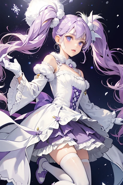 Crystal has pale brown skin with white and indigo eyes to match her lips, which are lined in lilac. Her lilac hair is worn in tightly curled drill twin-tails with white tips and snowflakes randomly decorating them. Her bangs are pointed and swept to the right with white lining, and she wears a large white snowflake on the right of her head. Her outfit is composed of a dull purple long-sleeved dress with fluffy collar, lining the bottom of the skirt, and sleeve cuffs. Hanging from the bottom of her collar is a white set of pom-poms. She also wears white gloves and tights, and dull purple boots with fluffy cuff. SPARKLE; GLITTER