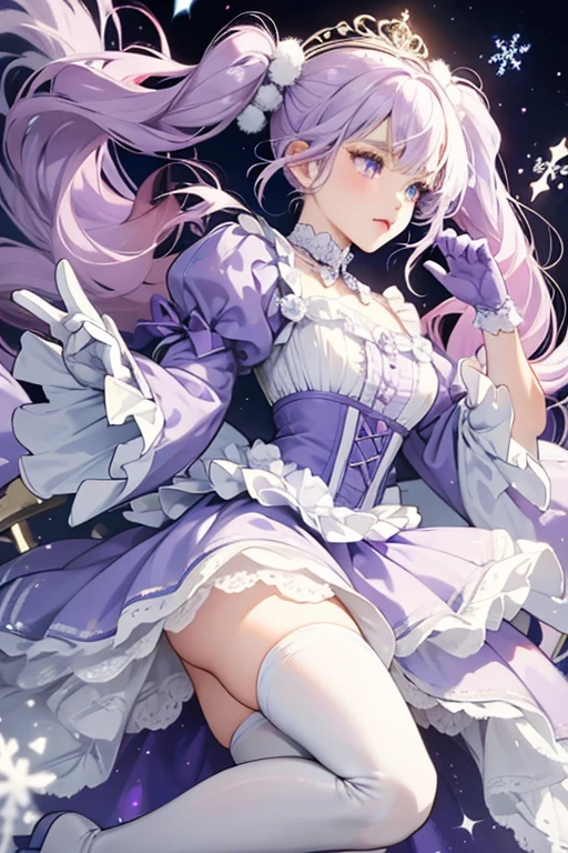 Crystal has pale brown skin with white and indigo eyes to match her lips, which are lined in lilac. Her lilac hair is worn in tightly curled drill twin-tails with white tips and snowflakes randomly decorating them. Her bangs are pointed and swept to the right with white lining, and she wears a large white snowflake on the right of her head. Her outfit is composed of a dull purple long-sleeved dress with fluffy collar, lining the bottom of the skirt, and sleeve cuffs. Hanging from the bottom of her collar is a white set of pom-poms. She also wears white gloves and tights, and dull purple boots with fluffy cuff. SPARKLE; GLITTER