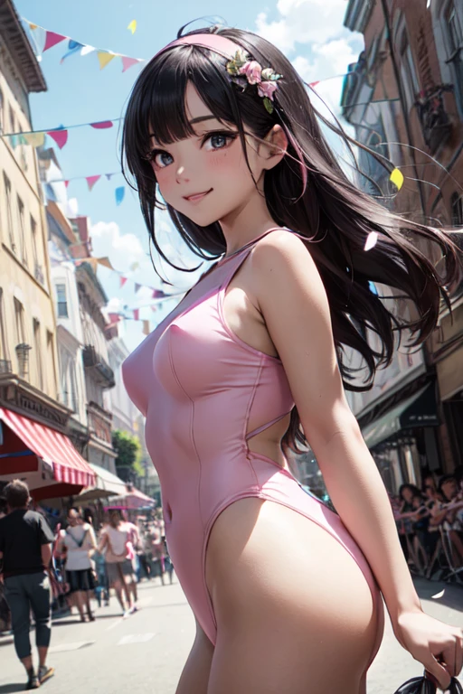 very cute and beautiful girl,(highly detailed beautiful face and eyes:1.2),(pink leotard:1.2),(sleeveless),(laugh),
festival in town street,(parade:1.2),(many people wearing pastel costume),flags,confetti in sky,outdoors,depth of field,
(cowboy shot),zettai ryouiki,standing,detailed legs,dynamic pose,dynamic angle,black hair,hair band,
(best quality,masterpiece:1.2),intricate details,highres,solo focus,natural lighting,hair fluttering in the wind,