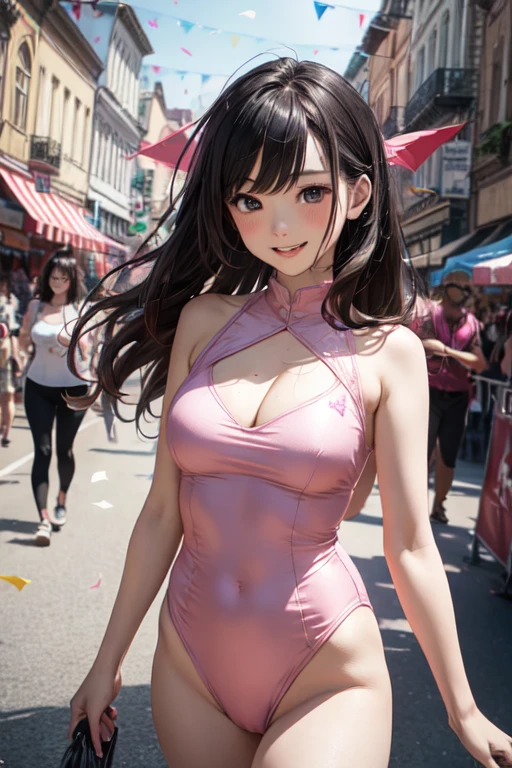 very cute and beautiful girl,(highly detailed beautiful face and eyes),(pink leotard:1.2),(sleeveless),(smile:1.2),happy,
festival in town street,(parade:1.2),(many people wearing pastel costume),flags,confetti in sky,outdoors,depth of field,
cowboy shot,standing,dynamic pose,black hair,hair band,
(best quality,masterpiece),absurdres,highres,ultra-detailed,extremely detailed,32k,8k resolution,
intricate details,cinematic scene,detailed background,solo,dynamic angle,hair fluttering in the wind,