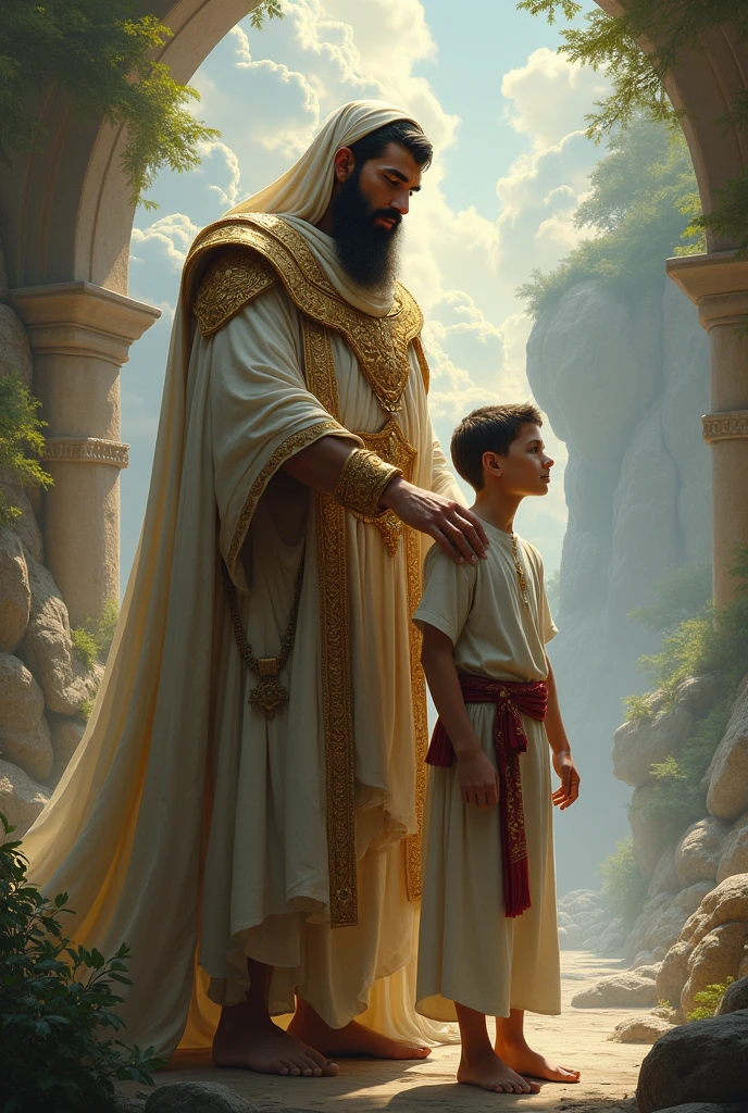 Help me create 7 images different from each other about a male god caring or protecting a male prophet 
