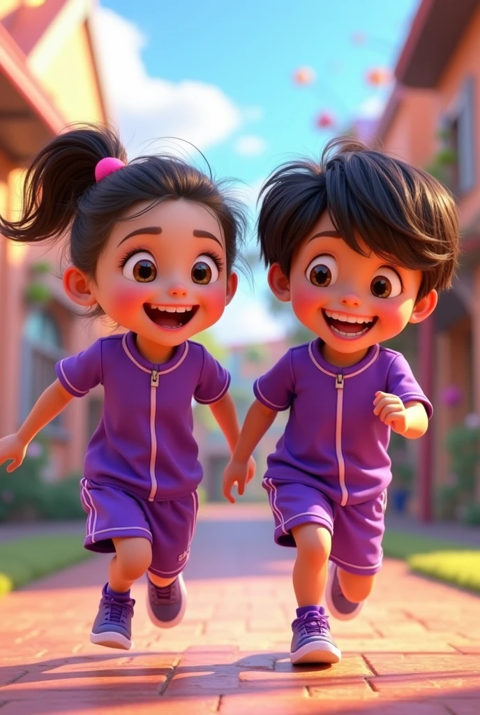 create several animated images of a girl and a boy, between five or six years old, with purple sportswear  