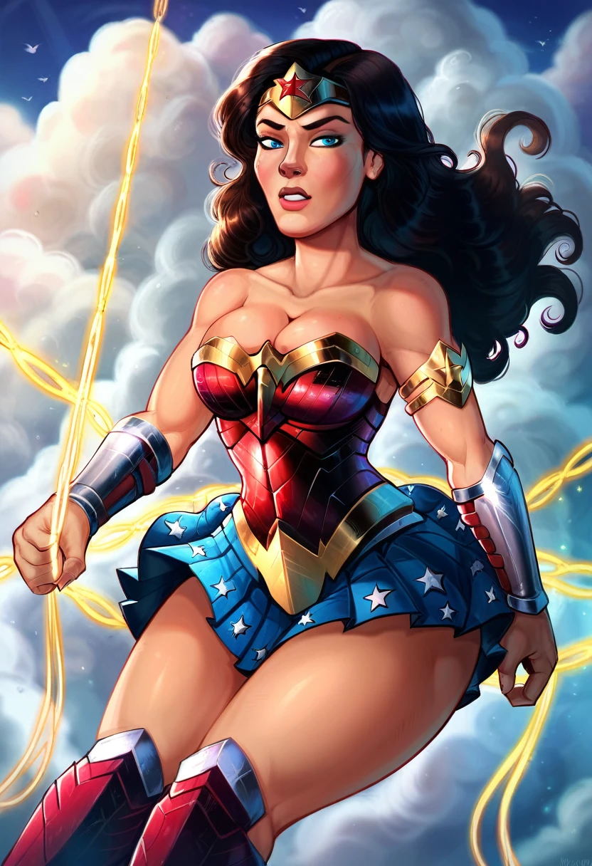 score_9, score_8_up, score_7_up, BREAK, wonder woman, skirt, breasts, 1girl, solo, thighs, cleavage, cloud, armored skirt, pleated skirt, armor,