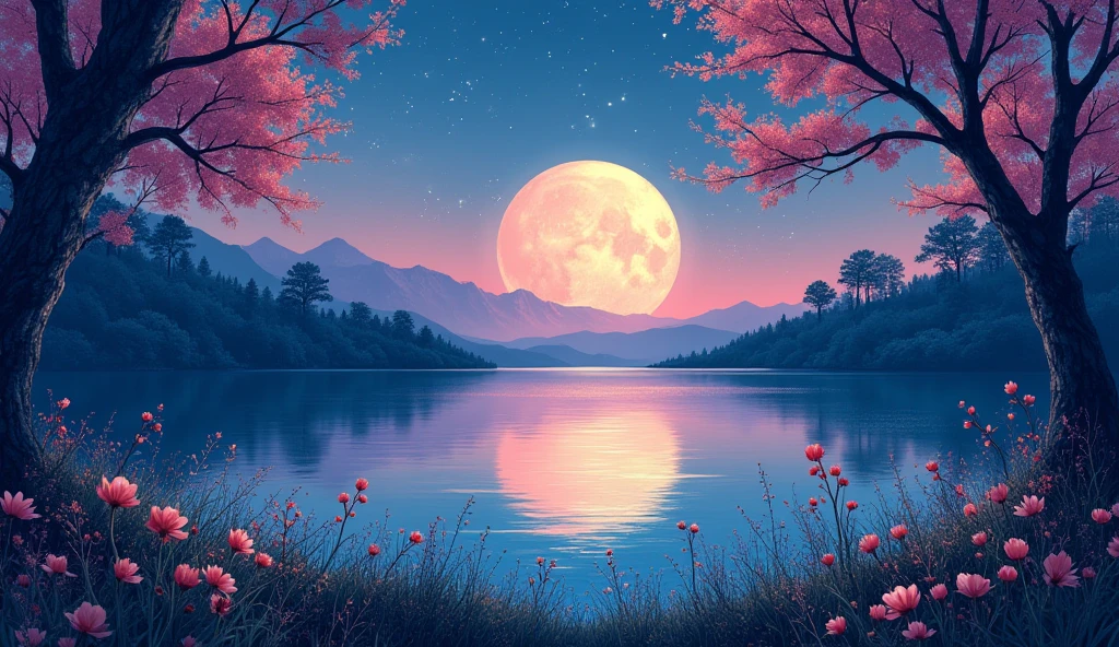 full moon moonlit meadow in a forest glade constellations illuminating crystal lustrous waters digital watercolor, dark, flowers, spring fantasy, hdr, vibrant, surrealism, by Waterhouse, Meg Chikhani, Carne Griffiths, Victo Ngai, CC, Minjae Lee, Ana Paula Hoppe, Liu Kuo-Sung, Stylized watercolor art, Complex contrast, pastel colors lake moon sunset deep shadows glowing sakura flowers silhouette art golden hour mountains silhouettes in the distance, detailed matte painting, deep color, fantastical, intricate detail, splash screen, complementary colors, fantasy concept art, 8k resolution trending on Artstation Unreal Engine 5