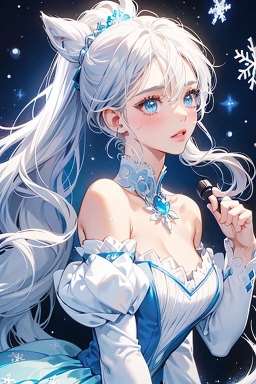 This version of Crystal Snow is based on an ice skater. Her skin is tanned and her lips pale blue to match her eye-shadow. She has a tiny snowflake in each eye an her cheeks have a rosy blush. Her long crimped hair is worn in a thick ponytail with white streaks and her bangs brushed aside and partially pulled back. She wears a royal blue pair of earmuffs with fluffy ear-pieces, snow on the top, and two snowflakes. Her top is white and navy with a large snowflake at the middle and matching beneath the shoulder sleeves. Her skirt is a scalloped four-point of light blue gradient, covered in snowflakes. She also wears pearl blue tights and white ice skates with a fluffy cuff. SPARKLE; GLITTER
