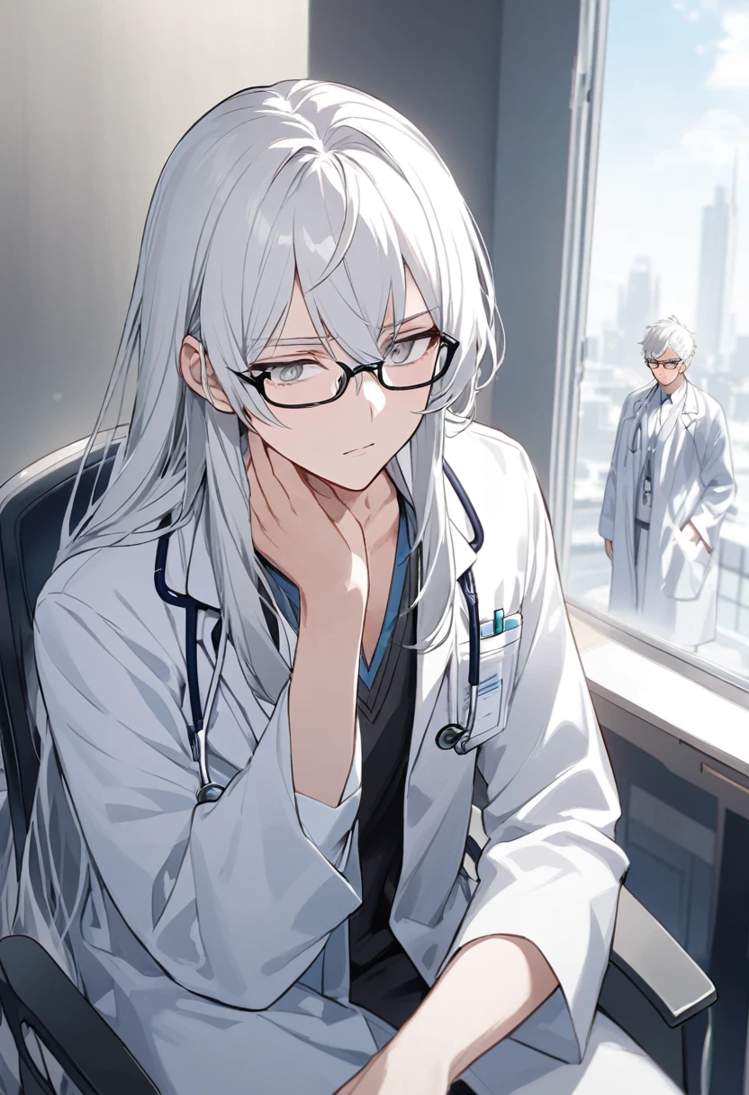 brother, alone, Glasses, Grey Eyes, White Hair, Long Hair, Doctor&#39;s uniform, Black gloves, whole body,