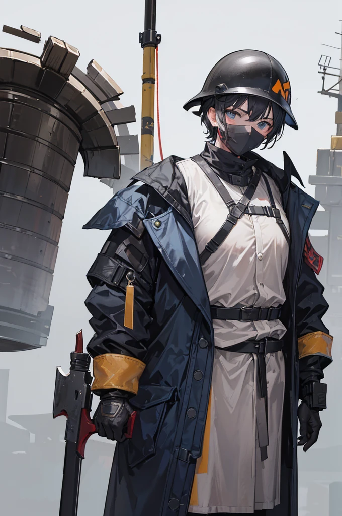 초상화, Face_through_torso, dark_fantasy, A single, nondescript vigilante character who was originally a miner from a labor union. They wear a miner's safety helmet that partially obscures their face, giving them an anonymous and mysterious appearance. Dressed in worn-out work clothes beneath makeshift armor, they carry simple weapons like a pickaxe or a farming tool. Their body shows signs of combat, with several injuries treated with bandages and first aid. Ensure their appearance is practical and unremarkable, blending into the background, with their face partially hidden by the helmet.