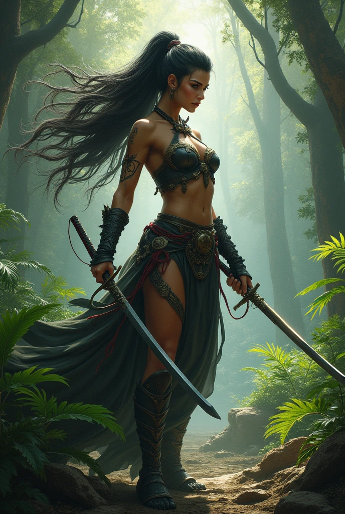 Create a female warrior with a Katana in Pangea in fantasy.