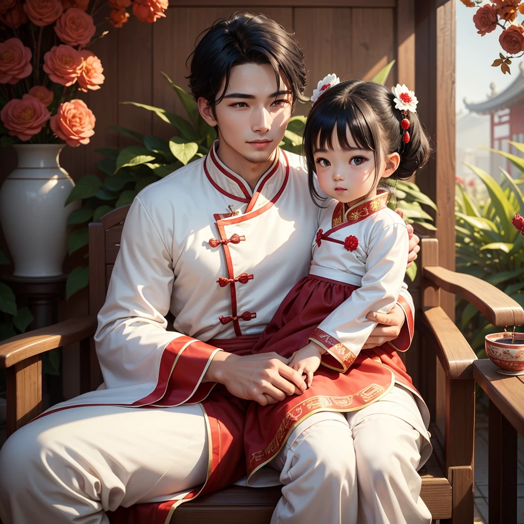 A handsome young man with good face and gentle face, wearing a white ancient chinese costumn, sitting on chair, hugging his Adorable chibi girl 1 yearo is 1 year old , br, in a red chinese new year costumn, in the morning, there is sunlight shining in the front yard garden