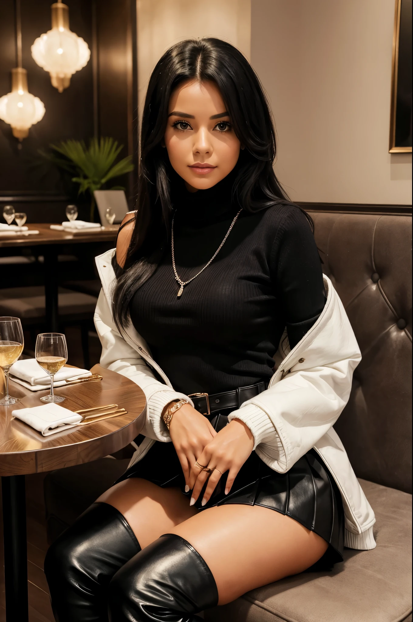 ((best quality)), ((masterpiece)), (detailed), 1girl, covered shoulders black pull neck top with long sleeves covering both hands Palm,sweater top white oversized big baggy jacket covering hands,both hands in pockets of jacket necklace chain,high waist pleated skirt,thigh high boots, sitting skinny small sexy brest, looking at the camera,, thigh high boots heels black hair, luxury restaurant date night setting night out, looking at the camera hands covered