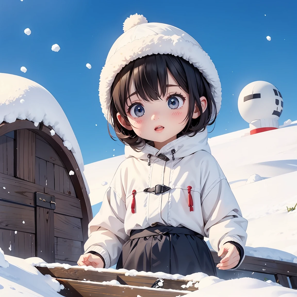 A small thing is buried in the pure white snow background