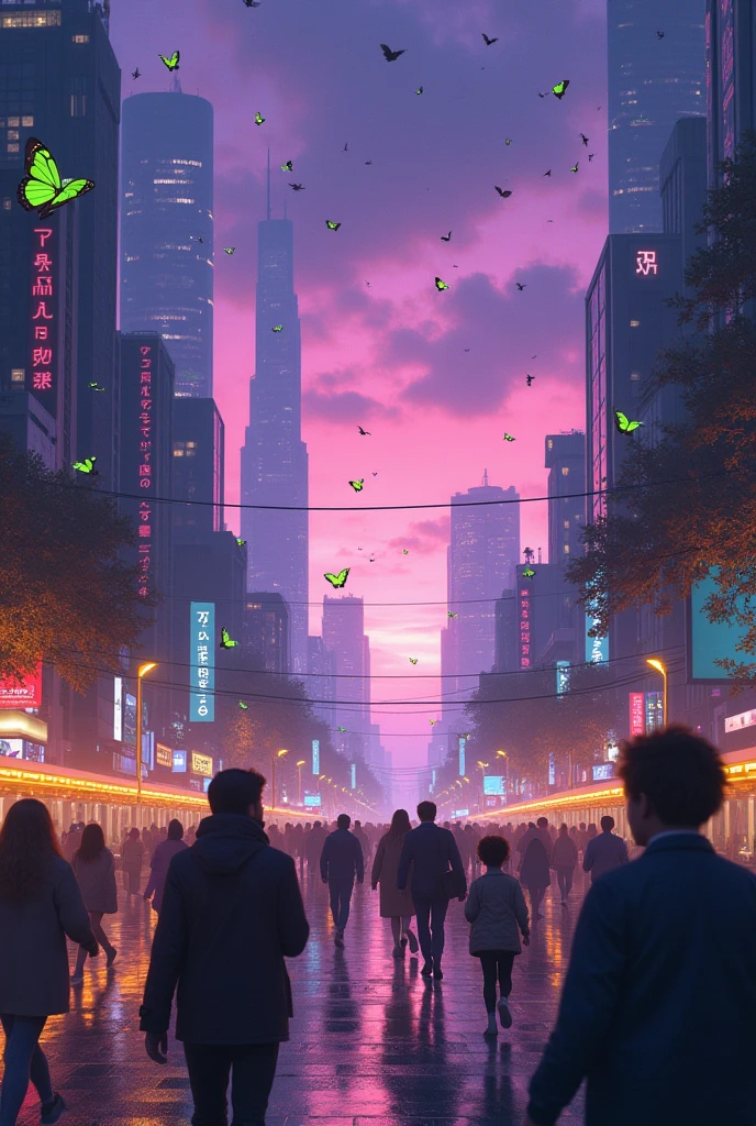 Futuristic night city with people returning from work and eating candy, sky full of birds in violet tones and golden cars, children crying, grandmothers running, and green butterflies