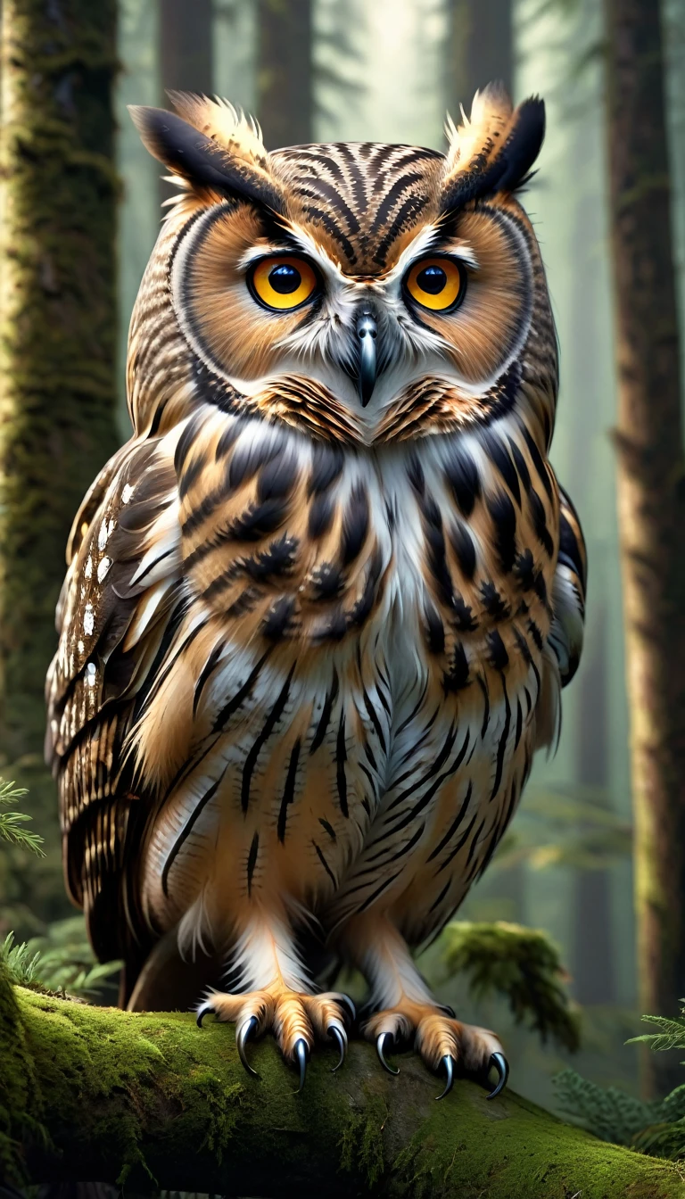 In the mountains and forests，Owl with human face and four eyes(best quality，4K，8k，High level，masterpiece：1.2），Ultra Detailed，（lifelike，Photo real，Photo real：1.37），Highly detailed animals，Complex patterns，Realistic lighting