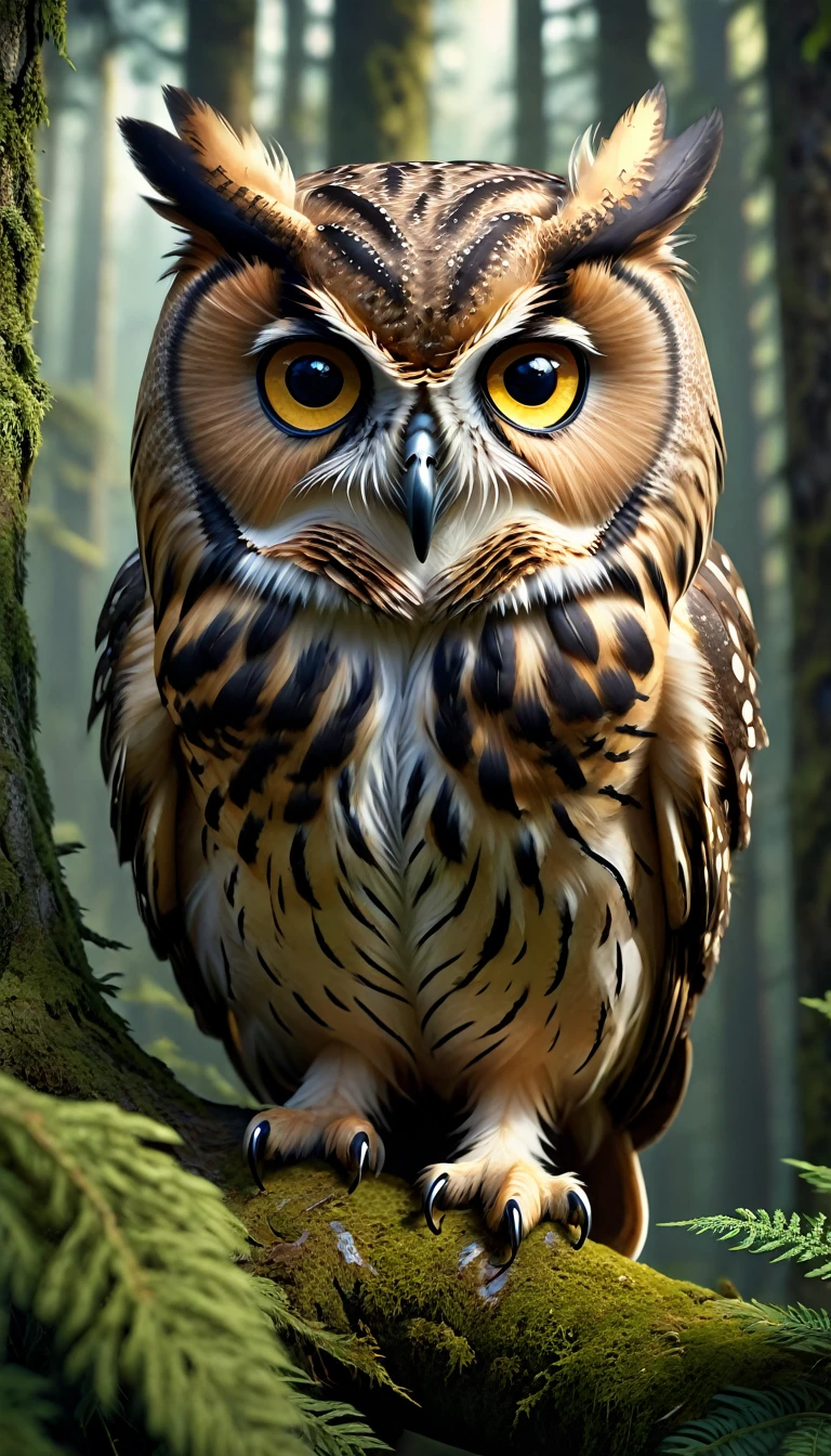 In the mountains and forests,Owl with human face and four eyes(best quality,4K,8k,High level,masterpiece:1.2),Ultra Detailed,(lifelike,Photo real,Photo real:1.37),Highly detailed animals,Complex patterns,Realistic lighting