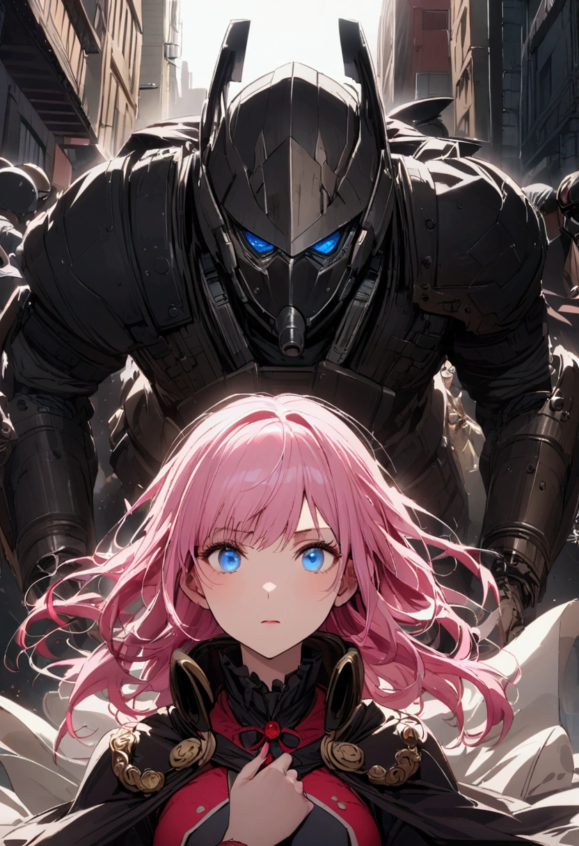 hindrance、Disruption、barricade、Helmet、Girl with pink hair、blue eyes、Twin Drill、A scene from a movie