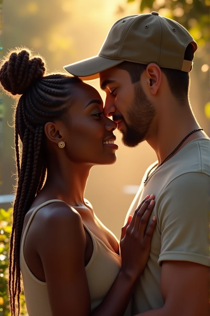 A couple with a black woman wearing braids and a white man wearing a cap,