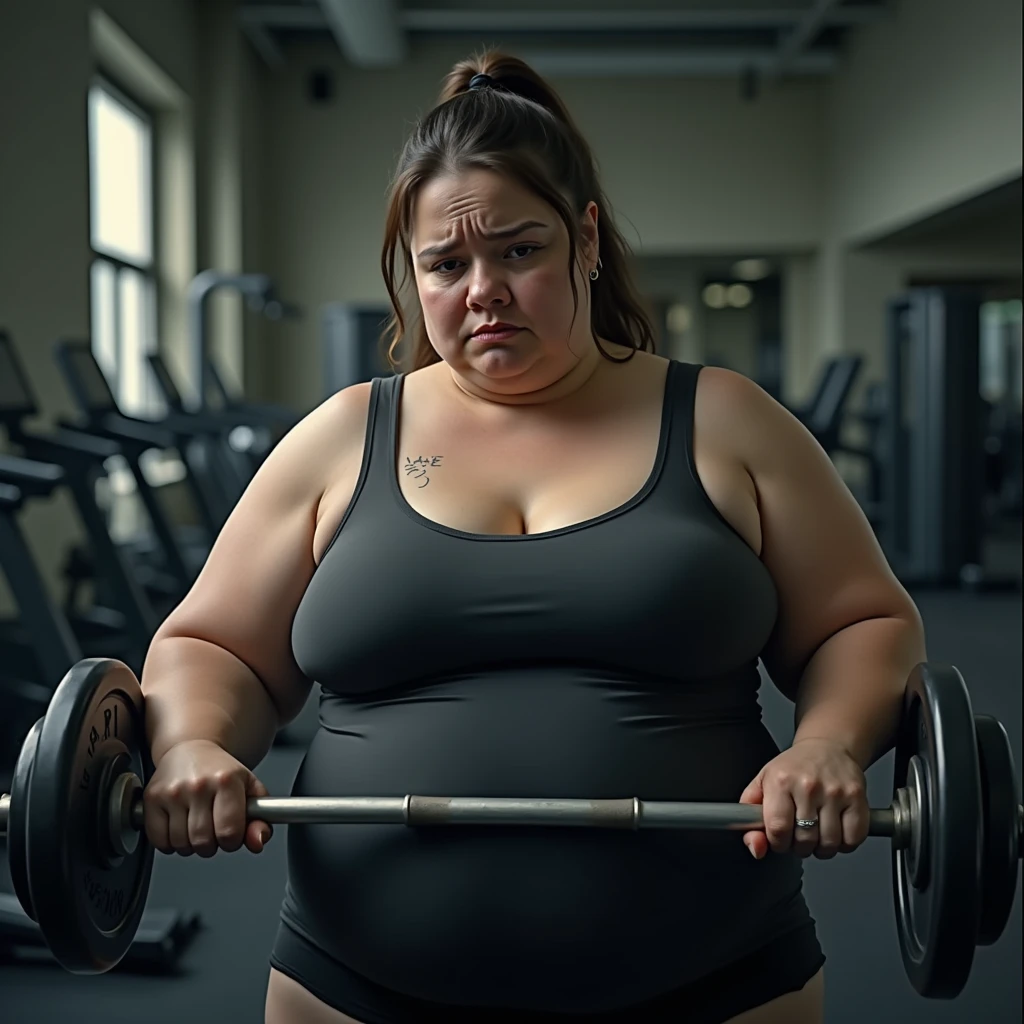 create an image of an obese woman sad about being at the gym working out and lifting weights