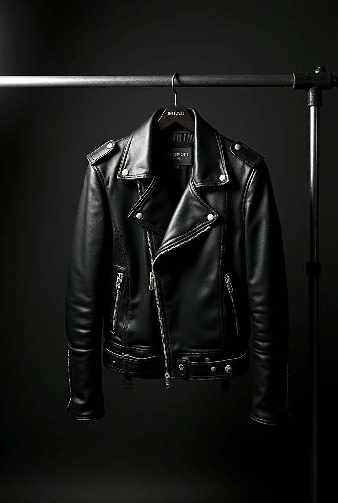In a minimalist studio, a sleek black biker jacket hangs confidently on a stylish, industrial rack. The jacket, crafted from premium leather, exudes an edgy and bold presence. Dramatic lighting casts sharp shadows across the scene, highlighting the jacket’s textured surface and the intricate details of its design—zippers, buckles, and quilted shoulders. The dark backdrop enhances the jacket's commanding aura, making it the focal point of the space. The overall mood is one of power and rebellion, capturing the essence of timeless cool in a single, striking image.