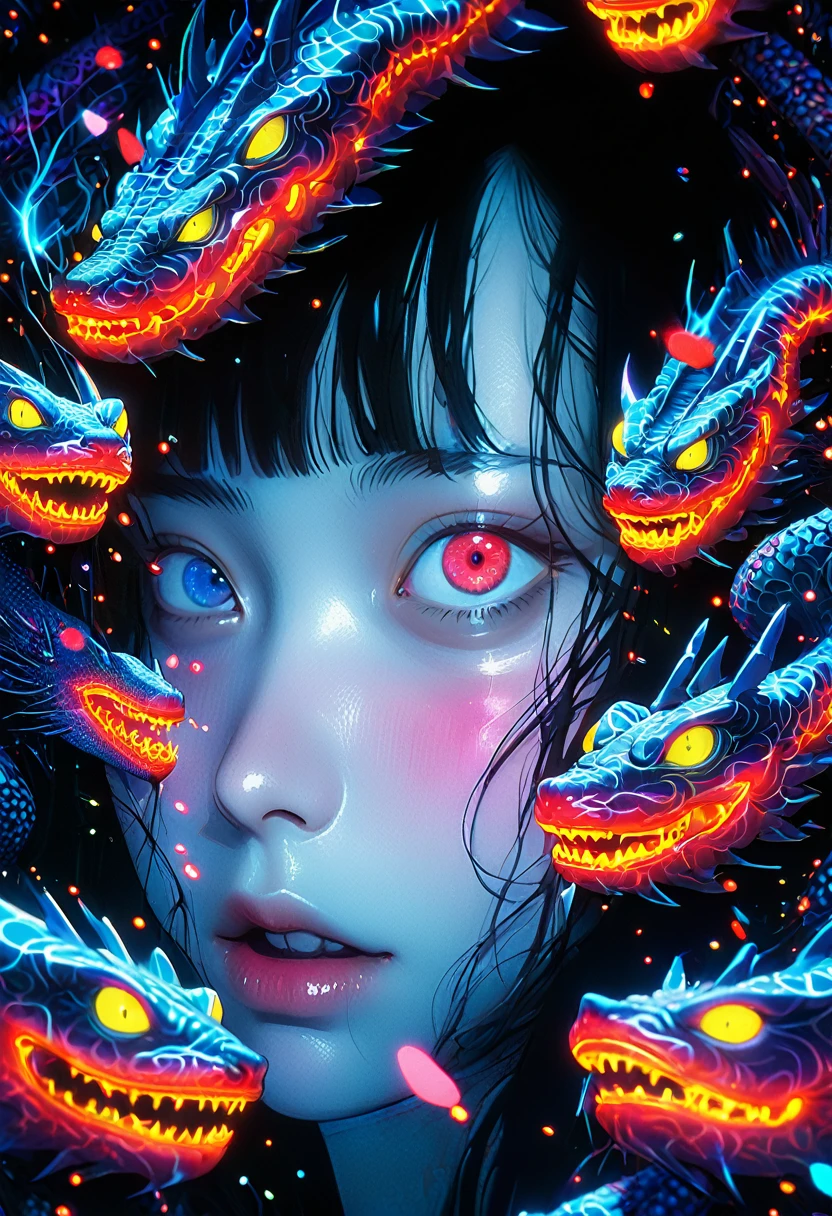 surreal horror, anime style, directed by Junji Ito, high contrast, vivid colors, eerie atmosphere, psychological tension, intricate line work, nightmarish creatures