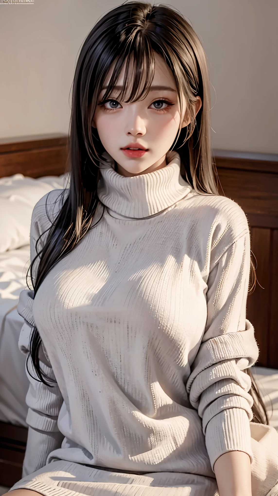 (masterpiece、high quality、High resolution、4K images), Transparent eyes、Detailed eyes、Detailed face、Someone knowledgeable、turtleneck sweater dress、Virgin-killing clothes、Virgin Killer Sweater、On the bed、Blue Archive Ichinose Asuna, highlight、grayscale