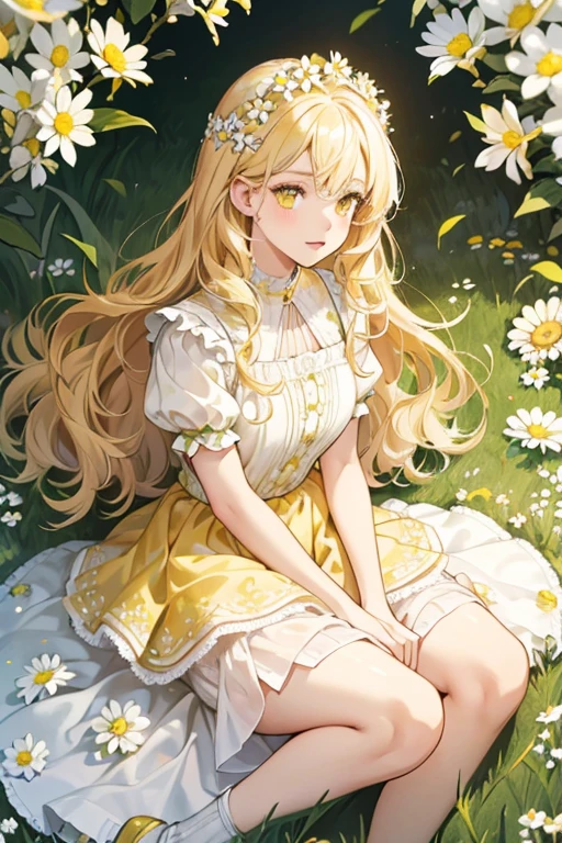 Daisy Petals is a light-skinned girl with yellow eyes and peach lips. She has wavy blonde hair and wears a white daisy flower crown. She wears a green leaf-like top with a white floral collar and a white petal skirt with yellow ombré. She has green leaf shoes with white daisies around the top and strap. SPARKLE; GLITTER
