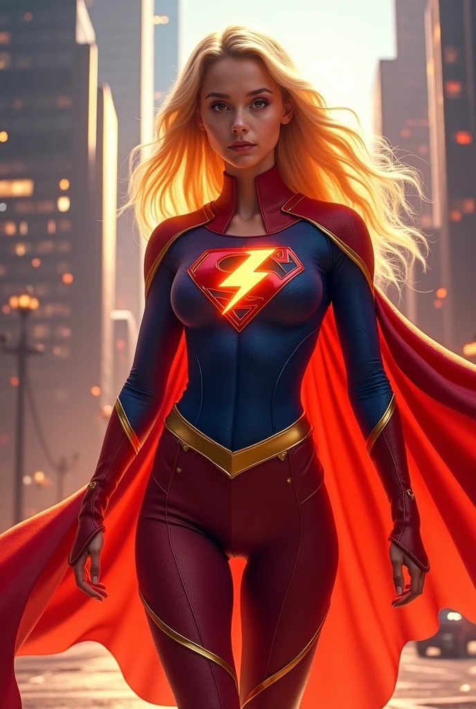 La hija de flash y supergirl, adult, with a fused suit of both superheroes, and with a cape, blonde... Con traje de flash y supergirl fusionados, and merged emblem of lightning and the "s"






