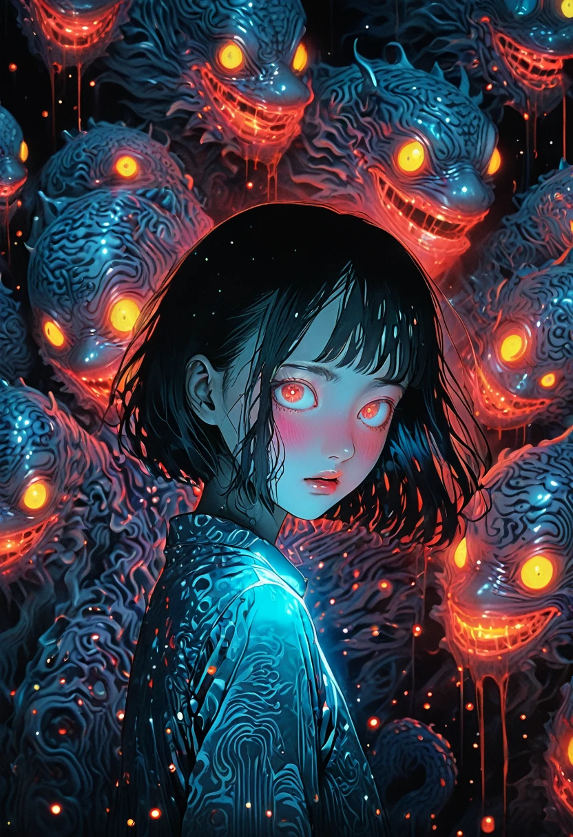surreal horror, anime style, directed by Junji Ito, high contrast, vivid colors, eerie atmosphere, psychological tension, intricate line work, nightmarish creatures