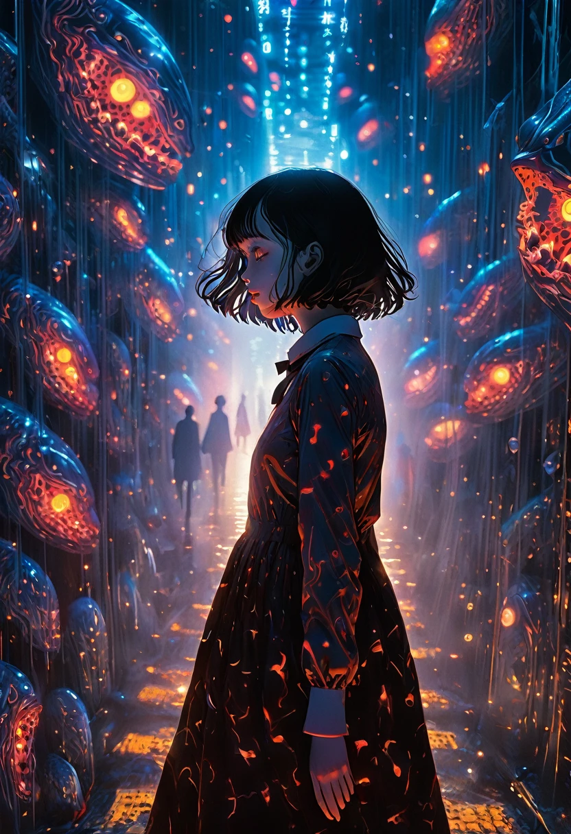 surreal horror, anime style, directed by Junji Ito, high contrast, vivid colors, eerie atmosphere, psychological tension, intricate line work, nightmarish creatures