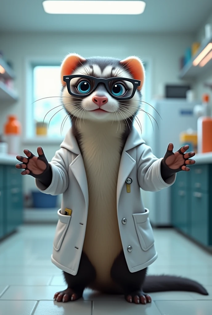 A ferret in a lab coat and glasses welcoming