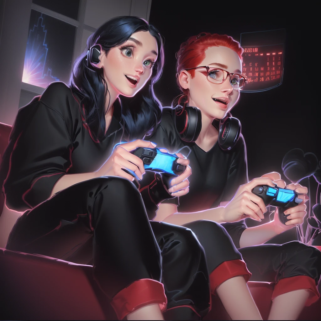 A Fan Art ilustartion, pixar style, 2 people sitting on the sofa playing videogame, the red-haired woman and the man with black hair, no line art, cell shading style, full body, good composition, living room background