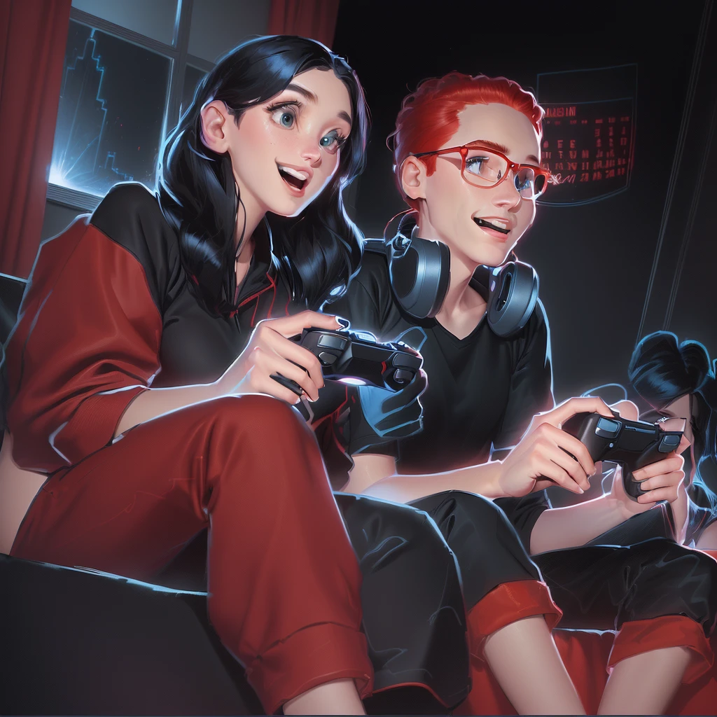 A Fan Art ilustartion, pixar style, 2 people sitting on the sofa playing videogame, the red-haired woman and the man with black hair, no line art, cell shading style, full body, good composition, living room background